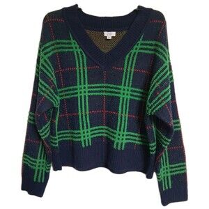 Women's Crown & Ivy Plaid V-Neck Sweater Size PL Petite Large